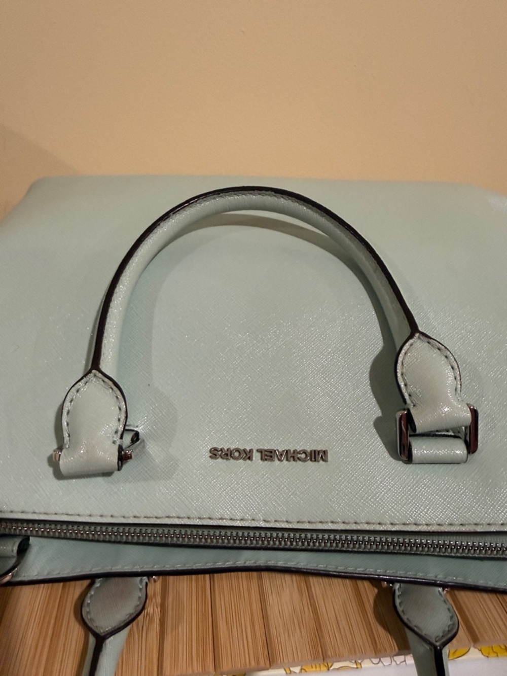 Michael Kors Pale Blue Saffiano Leather Satchel Michael Kors Handbag  MK Purses - Picture 11 of 16